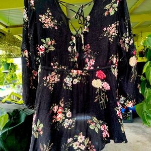 Boho peplum lace back blouse with lace bell sleeves. 100%Rayon Comfortable!